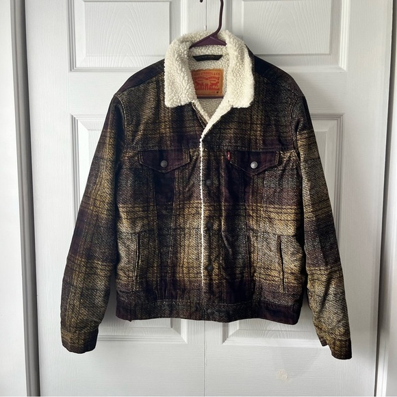 LEVIS Corduroy Sherpa Trucker Jacket Textured Plaid Tinsel Brown Warm Vtg Medium - Picture 1 of 5
